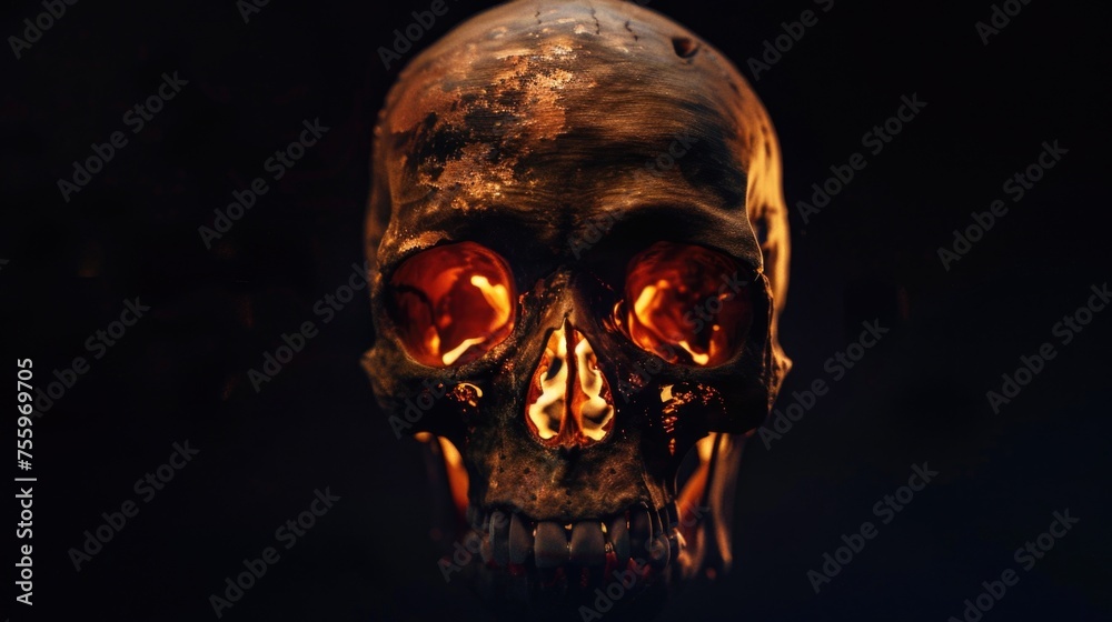 Poster A close-up image of a skull with glowing eyes. Suitable for Halloween themes.