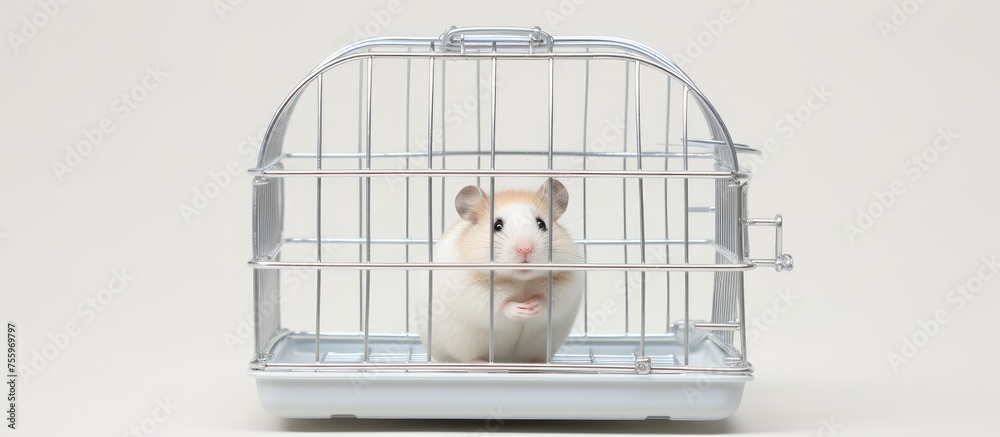 Poster a fawn hamster with whiskers and a snout is sitting in a cage, surrounded by pet supplies and toys, 