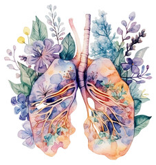 Watercolor illustration of lungs with flowers. Transparent background, png