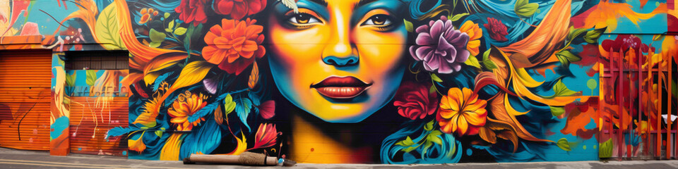 Vibrant colors blend seamlessly in a bold street art mural on a city wall.