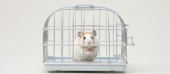 A fawn hamster with whiskers and a snout is sitting in a cage, surrounded by pet supplies and toys, on a white background