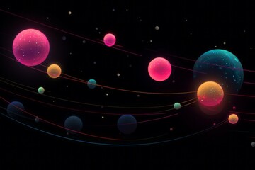 A black background with neon planets