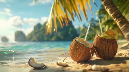 Two coconuts resting on a sandy shore. Perfect for tropical themed designs. - obrazy, fototapety, plakaty