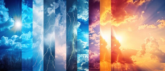 A series of images of the sky with different weather conditions, including a sunny day, a stormy day, and a cloudy day. The images are arranged in a row