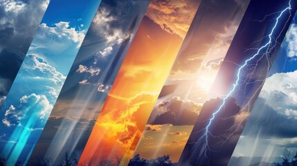 A series of images of different weather conditions, including a sunny day, a stormy day, and a cloudy day. The images are arranged in a row, with each one representing a different type of weather - obrazy, fototapety, plakaty