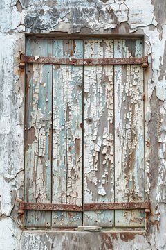 A rustic wooden window with peeling paint. Suitable for interior design projects.