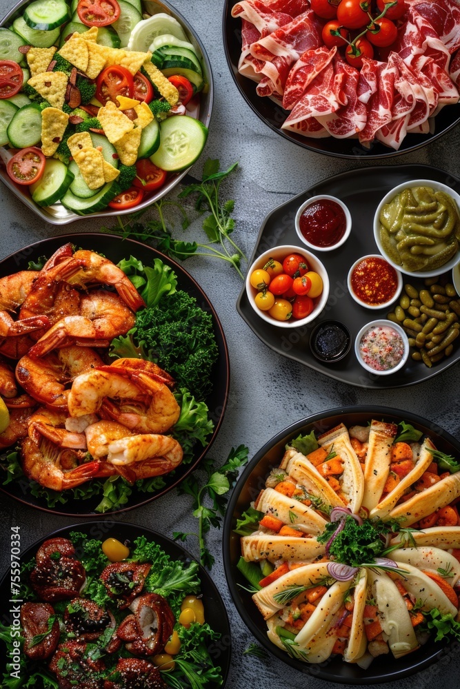 Poster a table filled with diverse types of food, ideal for food-related projects.