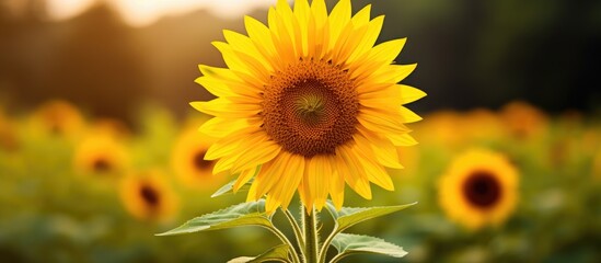 Fototapeta premium A beautiful sunflower, a terrestrial plant, with vibrant yellow petals and pollen is blooming in a field of sunflowers, capturing the essence of natures art