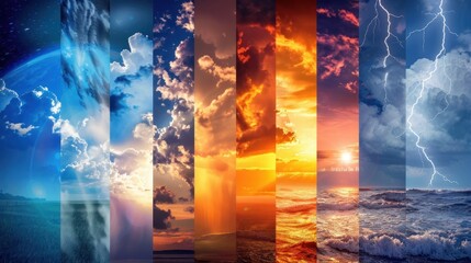 A series of images of different weather conditions, including a stormy sky, a sunny day, and a cloudy day. The images are arranged in a row, with each one representing a different weather pattern
