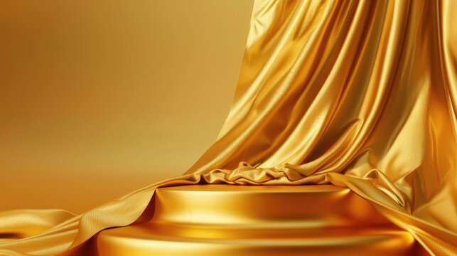 Elegant golden curtain draped over a pedestal, ideal for luxurious and glamorous concepts.
