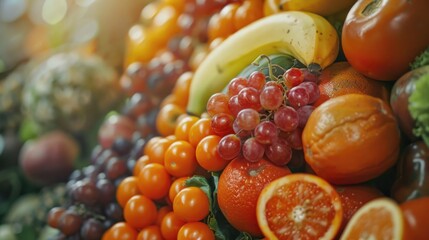 A variety of colorful fruits and vegetables up close. Perfect for healthy eating concepts.