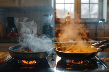 A frying pan on a stove with steam coming out of it. Suitable for cooking or kitchen concepts.