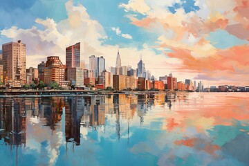 A cityscape with afternoon reflections on the river