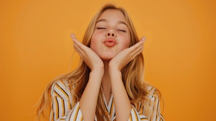 Woman making a funny face with her hands, suitable for social media posts.