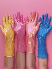 Photo of 4 female hands wearing glossy rubber gloves of different colors, AI generated photo