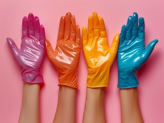 Photo of 4 female hands wearing glossy rubber gloves of different colors, AI generated photo
