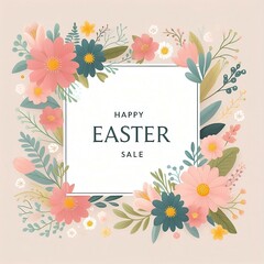Easter spring sale floral square template. Cute simple frame with flowers in pastel colors. Vector background for social media post, greeting card, invitation, banner and web ad design Generative AI - obrazy, fototapety, plakaty