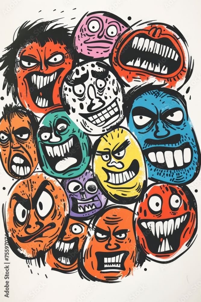 Poster various colored faces on a plain white background. suitable for diverse concepts and designs.
