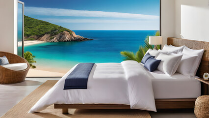 bed, beach, seaside, scenery, cozy atmosphere,Generative AI