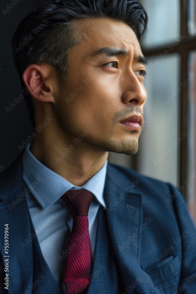 Poster a man in a suit and tie looking out a window. suitable for business concept images.