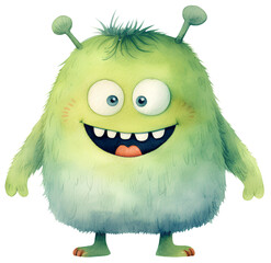 Watercolor illustration of a cute cartoon monster. Transparent background, png