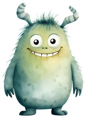 Watercolor illustration of a cute cartoon monster. Transparent background, png