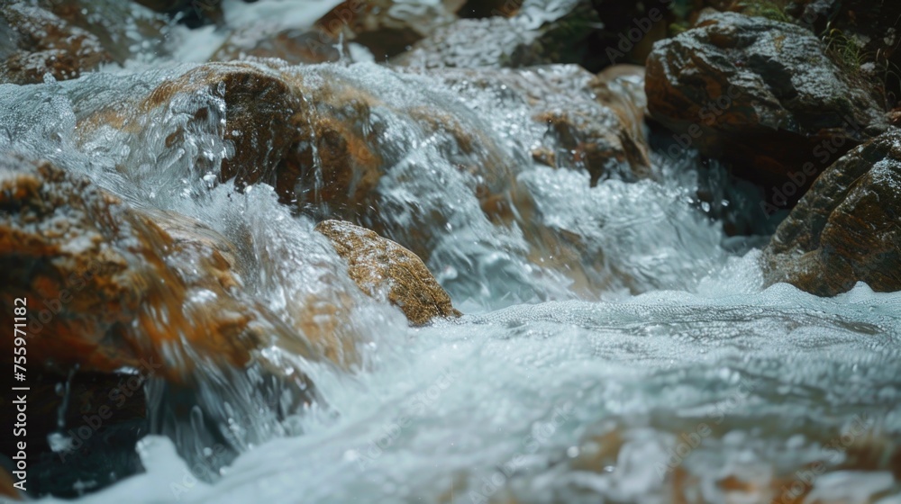 Poster Close up view of a stream with rocks in the background. Suitable for nature and landscape themes.