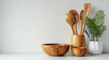 Minimalistic eco-friendly kitchen utensils and bamboo bowls on a white surface, concept of...