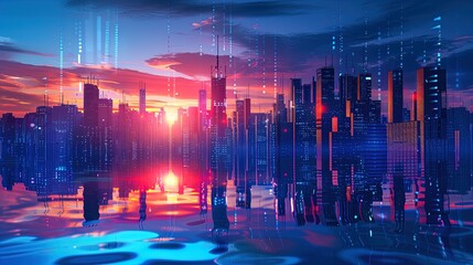 Sunset cityscape: Skyscrapers bathed in a high-tech neon glow!