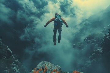 An adventurous soul leaps into the abyss of fog-shrouded mountains, embodying the thrill of free fall - obrazy, fototapety, plakaty