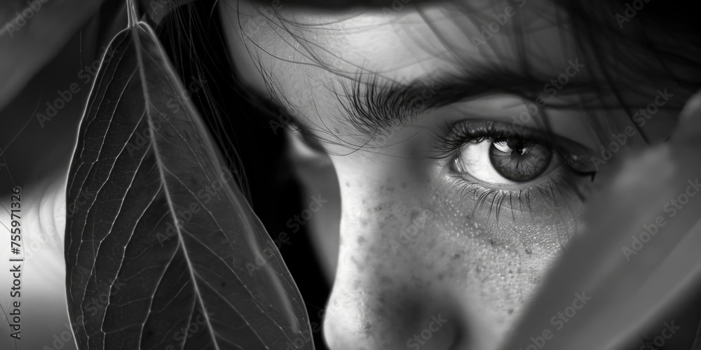 Aufkleber Close up of a person's eye with a leaf in the background. Perfect for nature and environmental concepts.