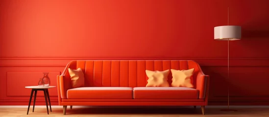 Cercles muraux Rouge A stylish living room with red walls and a matching red couch, complemented by wooden furniture and hardwood flooring for a cozy and inviting interior design