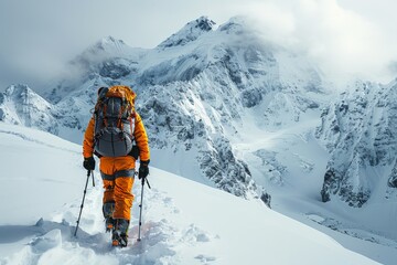 Fototapeta na wymiar A mountaineer treks through the snow with determination against the backdrop of a majestic mountain peak