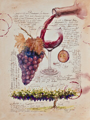 Grapevine and its fruits. A bottle of red wine and glass of wine. The illustration is painted with watercolors. - 755971381