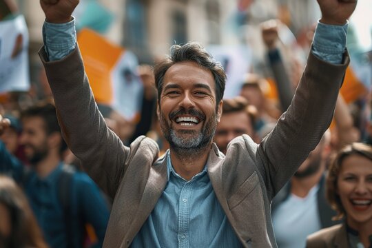 A confident man politician is captured articulating his vision outdoors, surrounded by a crowd of enthusiastic political party members, embodying the spirit of dynamic leadership and community engagem