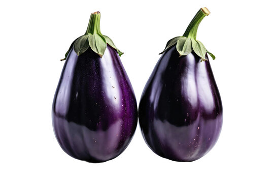 Two eggplants, full body, high-resolution stock photo, isolated, white background, showcasing texture, natural light, vibrant purple skin, subtle reflections, clear shadow, depth of field, ultra clear