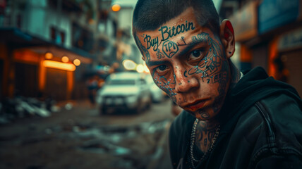 Mexican cartel gang member covered in tattoos with "Buy Bitcoin" tattooed on his foread with a city street in the background