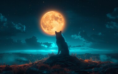 A wild wolf howls at an impossibly large moon set against a night sky, a moment capturing the call of the wild