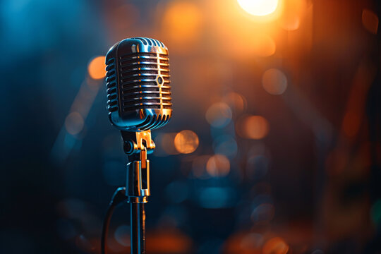 Vintage microphone against a blurred colorful stage background
