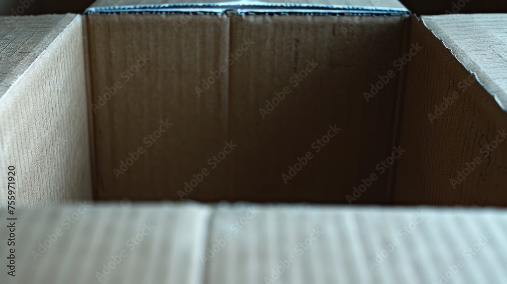 Poster a detailed close up of a cardboard box on a table. ideal for packaging or moving concept.