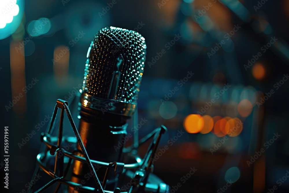 Poster A microphone in a recording studio, ideal for music production projects.