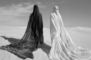 Two women dressed in black and white in the desert. Suitable for fashion or travel concepts.