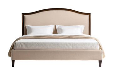 Full-size bed with beige linens, sharply isolated on an infinite white background, high-resolution stock photo, soft natural light, shadows gently outlining the bed frame, fabric texture prominent