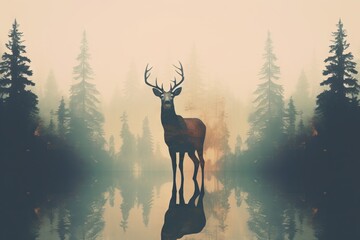 Double exposure of a forest and a deer