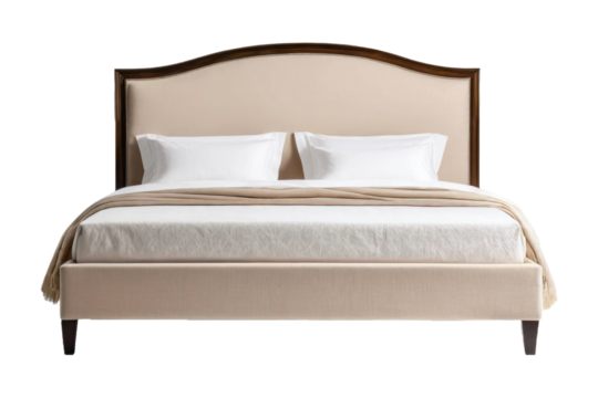 Full-size bed with beige linens, sharply isolated on an infinite white background, high-resolution stock photo, soft natural light, shadows gently outlining the bed frame, fabric texture prominent