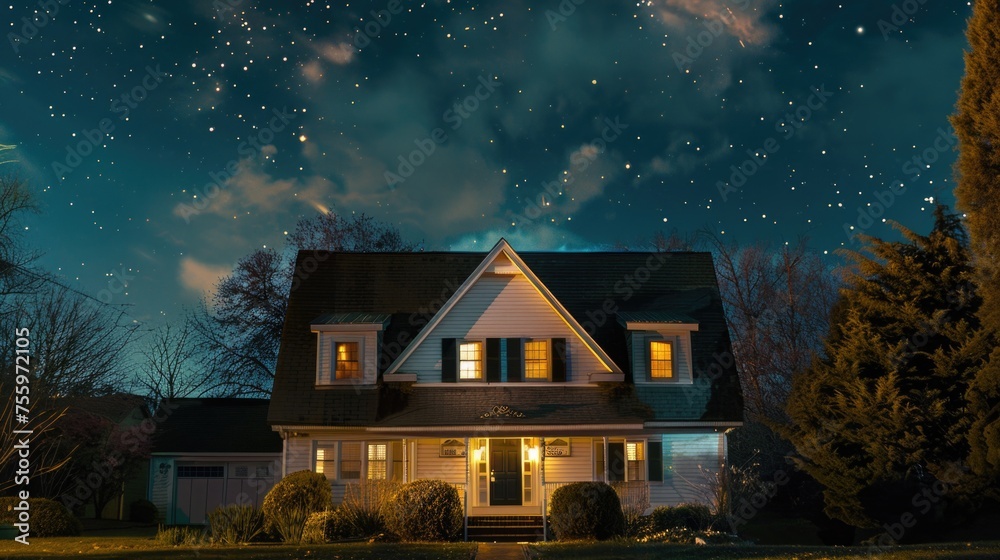 Poster a peaceful night scene with a house under a starry sky. suitable for various projects.