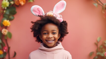 Obraz na płótnie Canvas African American girl with curly hair and bunny ears smile. Easter concept