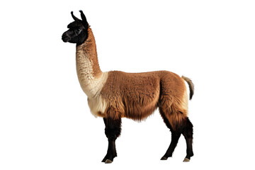 Llama, full body, standing upright, exquisite fine texture of its wool coat visible, ears perked up in alertness, isolated against a stark white backdrop, professionally lit