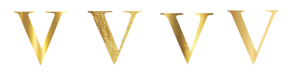 Gleaming Gold color lettering, alphabet, logotype, letter V isolated on a transparent background