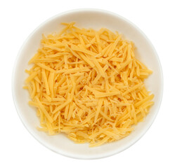 Plate with grated cheese on a white background. View from above. Grated cheese isolate